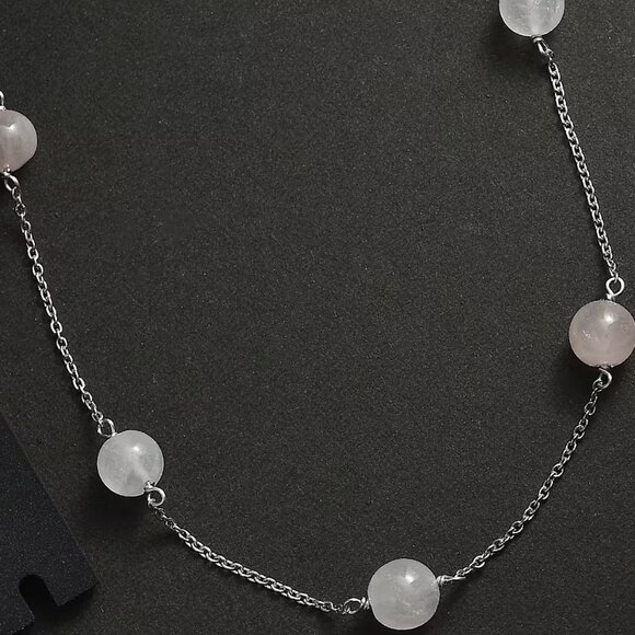 Galilea Rose Quartz Station Necklace 20 Inches in Rhodium Over Sterling Silver - Picture 1 of 3